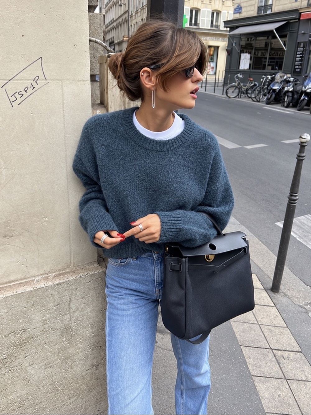 Zara Dusty Blue Fuzzy Knit Cropped Crewneck Sweater Size S